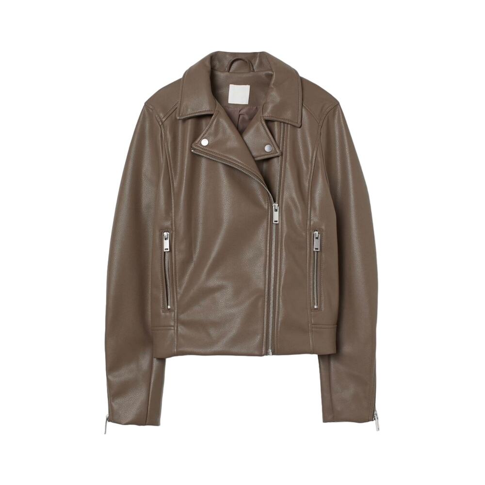 H&M Women's Brown Faux Leather Biker Jacket with Silver Hardware Size Small